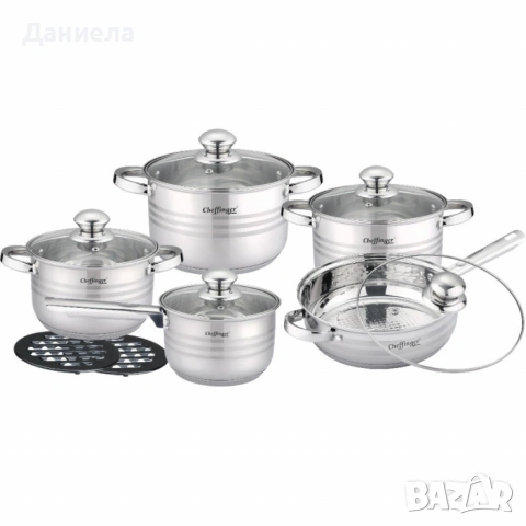 Комплект съдове за готвене 12 части Cheffinger, с индукционно дъно и стъклени капаци , снимка 3 - Други - 53178995