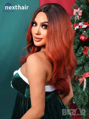 Ефектна омбре оранжева перука с тъмни корени на път, снимка 8 - Аксесоари за коса - 48703414