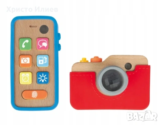 Детски дървен телефон сматрфон и дървен фотоапарат, снимка 2 - Образователни игри - 53783398