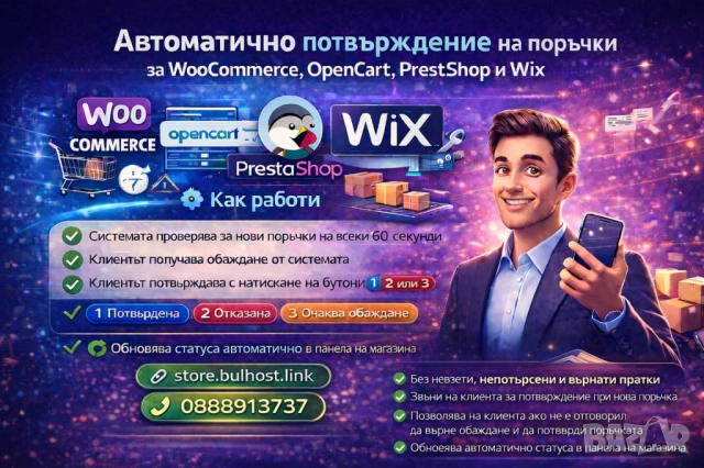 Автоматично потвърждаване на поръчки за онлайн магазини WooCommerce,OpenCart,PrestaShop,Wix