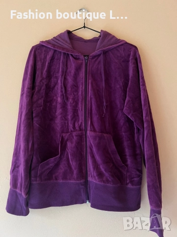Дамски плюшен суитшърт с качулка 80% памук М размер с джобове в тъмно лилаво - цикламен цвят 💜, снимка 2 - Суичъри - 52210515