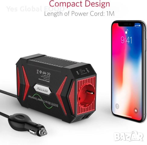 BESTEK инвертор 300W 12V→230V чиста синусоида за автомобил