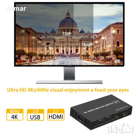 HDMI KVM превключвател 2 компютъра - 1 монитор 4K 60Hz, снимка 4 - Кабели и адаптери - 48434645