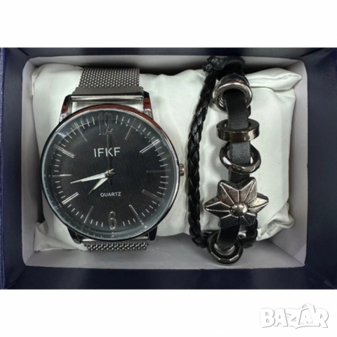Мъжки комплект – кварцов часовник с метална верижка и стилна гривна в подаръчна кутия, снимка 2 - Бижутерийни комплекти - 51947406
