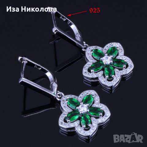 Сребърни обици и колие със смарагд и кристали, снимка 4 - Бижутерийни комплекти - 41303987