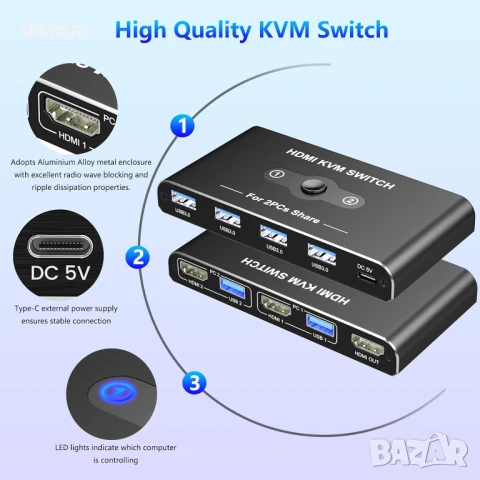 KVM превключвател 1 монитор 2 компютъра, HDMI 4K@60Hz, 4 порта USB 3.0, снимка 7 - Друга електроника - 50443154