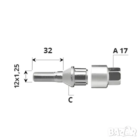 Комплект външни секретни болтове за джанти M12x1.25, 32 мм, конусно легло за Peugeot