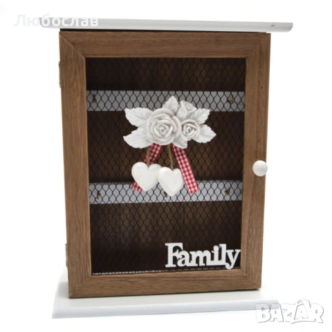 Декоративна кутия за ключове „Family“ – дървена, с 6 закачалки 🏡