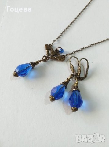 Разкошен комплект бижута с кралско сини капки от Венецианско стъкло и бронзови орнаменти, снимка 8 - Бижутерийни комплекти - 40711991
