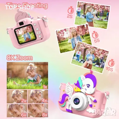 Joltix  Детски цифров фотоапарат 1080P HD 2,0-инчов с 32GB карта, селфи, за деца 3+ г., розов, снимка 8 - Фотоапарати - 49627451
