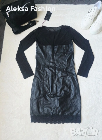 Дамска кожена рокля с ръкави от тюл, снимка 4 - Рокли - 47560475