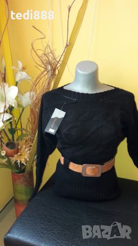 нов черен пуловер с колан, снимка 1 - Блузи с дълъг ръкав и пуловери - 42718715