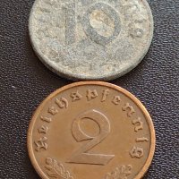 Две монети 2 райхспфенинг 1937г. / 10 райхспфенинг 1941г. Трети райх с СХВАСТИКА редки 31576, снимка 1 - Нумизматика и бонистика - 40649195