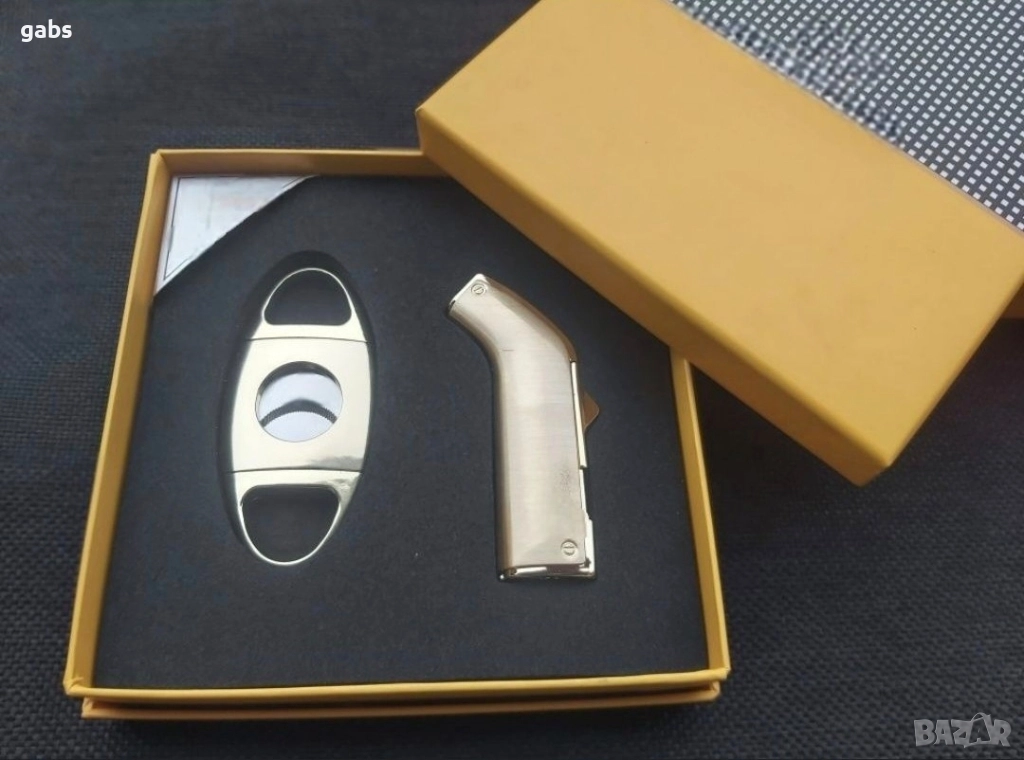 Луксозен комплект за пури,запалка и резачка с лого,в подаръчна кутия, снимка 1