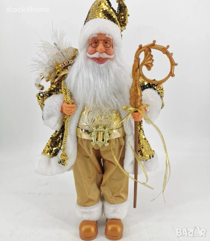 Елегантен златист Дядо Коледа с дълго палто, пухкава тапицерия и аксесоари, снимка 1