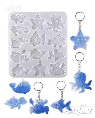 12 морски животни риба рак делфин контур силиконов молд форма фондан смола висулка колие бижу шокола, снимка 1