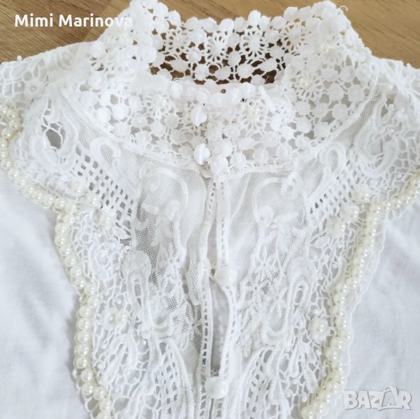 Памучна Блуза с дантела и перлички, снимка 1