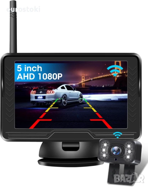 Jansite P067 Безжична камера за заден ход AHD 1080P с 5-инчов монитор 6 LED светлини, 170° широкоъгъ, снимка 1