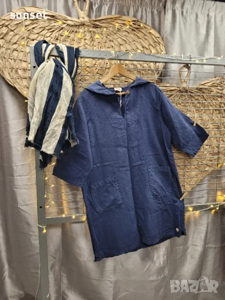 ЛЕНЕНА тъмносиня моряшка рокля- 44 размер, снимка 1