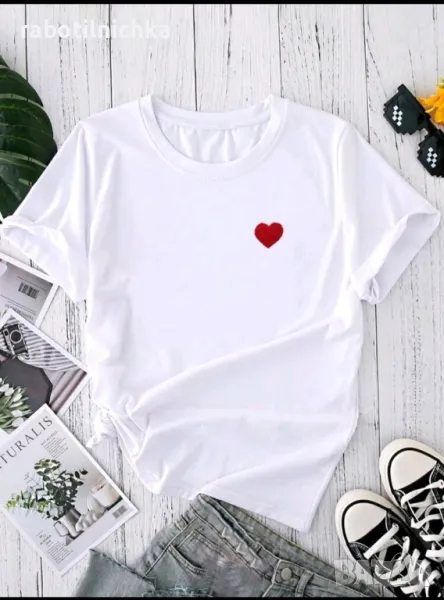 бяла тениска с бродирано сърце, снимка 1