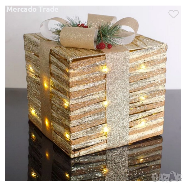 Коледен светещ подарък, Кафяв шампанско с брокат, 25 LED, снимка 1