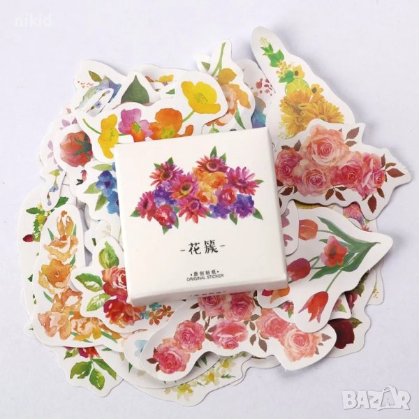 45 бр цвете цветя самозалепващи лепенки стикери за украса декор картонена торта ръчна, снимка 1