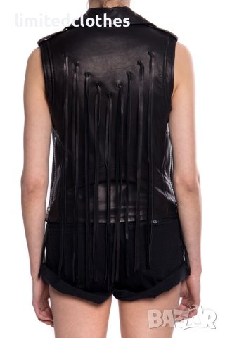 AMIRI Black Fringed Biker Leather Дамски Кожен Елек size 42 (M), снимка 4 - Якета - 42195724