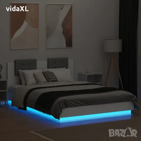 vidaXL Рамка за легло с табла и LED осветление, бяла, 120x200 см, снимка 4 - Спални и легла - 56146767
