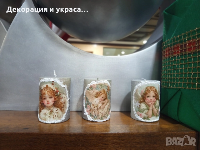 Коледни свещи триптих  на ангелска тематика с декупаж, снимка 5 - Декорация - 52592775