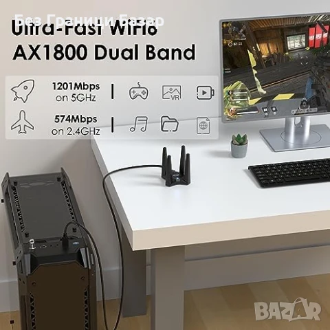 Нов WiFi 6 адаптер за PC – MU-MIMO, Beamforming, Soft AP режим донгъл с 4 антени , снимка 2 - Друга електроника - 50466860