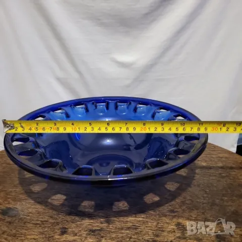 Голяма декоративна ретро кобалтово синя художествена стъклена купа Германия 🇩🇪, снимка 4 - Антикварни и старинни предмети - 47828159