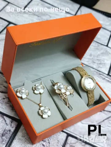 Луксозен подаръчен комплект с бели перли позлатен +луксозна кутия Код P109, снимка 3 - Подаръци за жени - 49332090