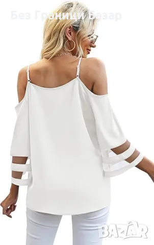 Нова Лятна дамска бяла блуза с мрежест ръкав и открити рамене размер S, снимка 5 - Тениски - 47634681