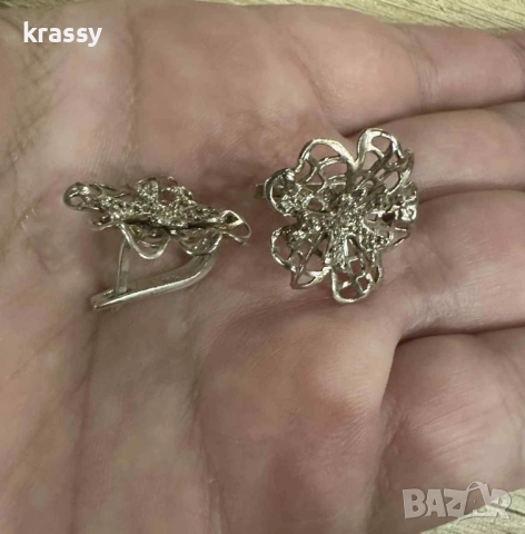 НОВИ страхотни интересни сребърни дамски обеци цвете , снимка 2 - Обеци - 52708745