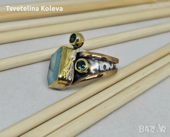 Масивен сребърен пръстен с Аквамарин и Турмалини, снимка 2 - Пръстени - 53762730