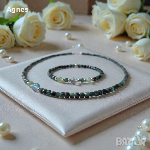 Колие с гривна от СМАРАГД, ЗЕЛЕН КИАНИТ И ЛАБРАДОРИТ , снимка 3 - Бижутерийни комплекти - 53493872