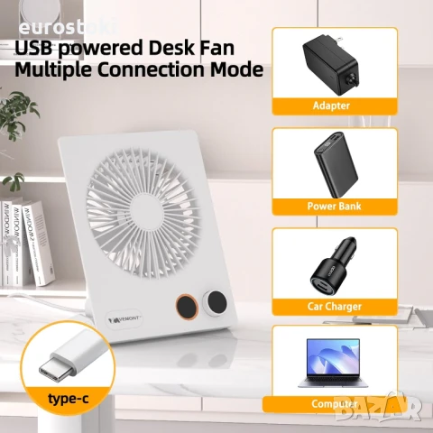 VEMONT USB настолен вентилатор с акумулаторна батерия 5000mAh, безшумен, сгъваем , снимка 2 - Вентилатори - 51253629