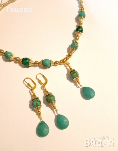 Разкошен комплект бижута обици и колие с камъни Нефрит и Азурит и орнаменти в цвят Антично злато, снимка 8 - Бижутерийни комплекти - 42512511