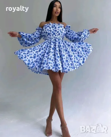 Ефектна синя рокля с паднали рамене, снимка 3 - Рокли - 49515375