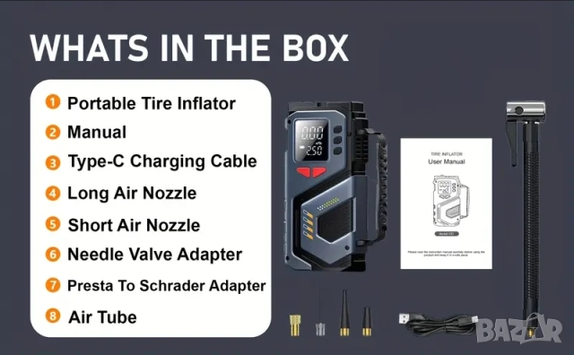 Преносим акумулаторен компресор за гуми, 150 PSI , снимка 12 - Аксесоари и консумативи - 52420169