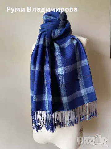 Тъмносин, кариран шал , снимка 4 - Шалове - 48330443