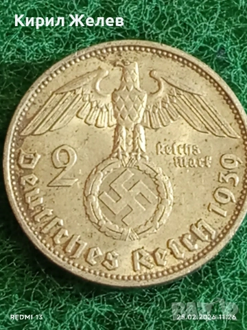 Сребърна монета 2 райхсмарки 1939г. Германия Трети Райх с Свастика за КОЛЕКЦИОНЕРИ 51885, снимка 4 - Нумизматика и бонистика - 53615824