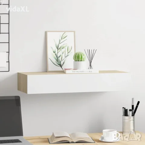 vidaXL Стенен рафт за чекмеджета, дъб и бяло, 60x23,5x10 см, MDF, снимка 3 - Етажерки - 56146903