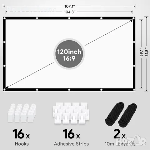 Висококачествен екран за проектори 120 инча, 16:9 от OZOERI, снимка 6 - Плейъри, домашно кино, прожектори - 50138736