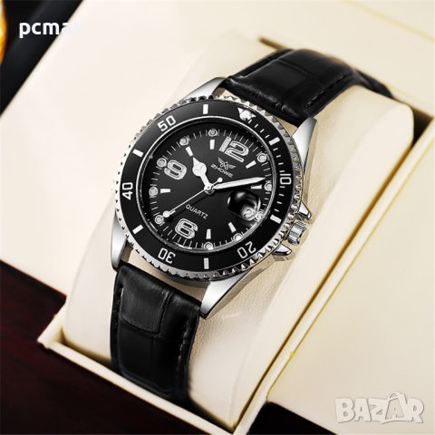 Zhowe Silver Black Lethar ME920135 Луксозен мъжки кварцов часовник с кожена