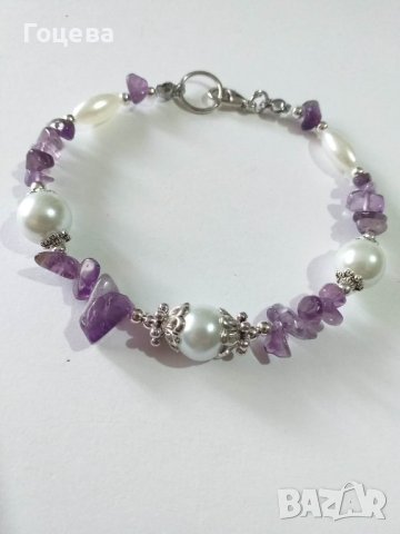 Нов модeл гривна със скъпоценни камъни Аметист и перли, снимка 1