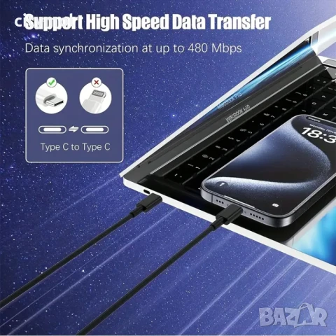 USB Type-C to USB Type-C Charging Cable 60W - 300 см, снимка 4 - USB кабели - 50547080