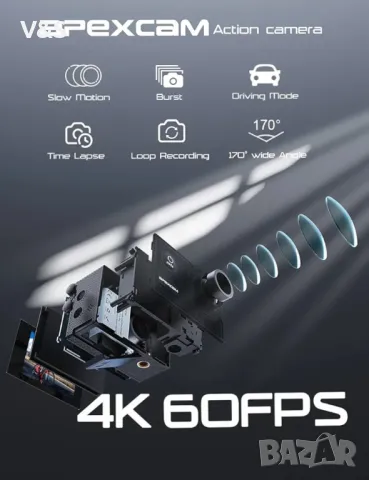  Екшан камера Apexcam X60 Pro, 4K, 60FPS, 2" LCD, Wi-Fi, , снимка 4 - Камери - 49817940