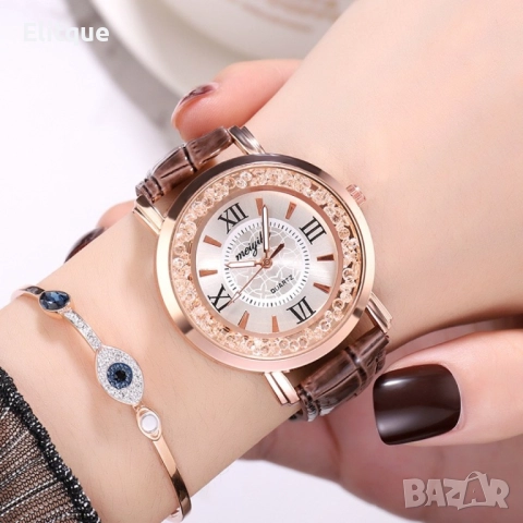 Дамски ръчен часовник с кръгъл циферблат с камъни и к. каишка. бял, червен, лилав, син, черен, розов, снимка 2 - Дамски - 52819449