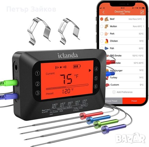 Термометър за месо iClanda, безжичен термометър за готвене, 4 сонди